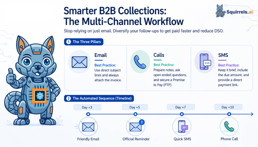 B2B collections workflow showing email, phone calls, and SMS follow-up strategy with automated timeline to reduce DSO and get paid faster