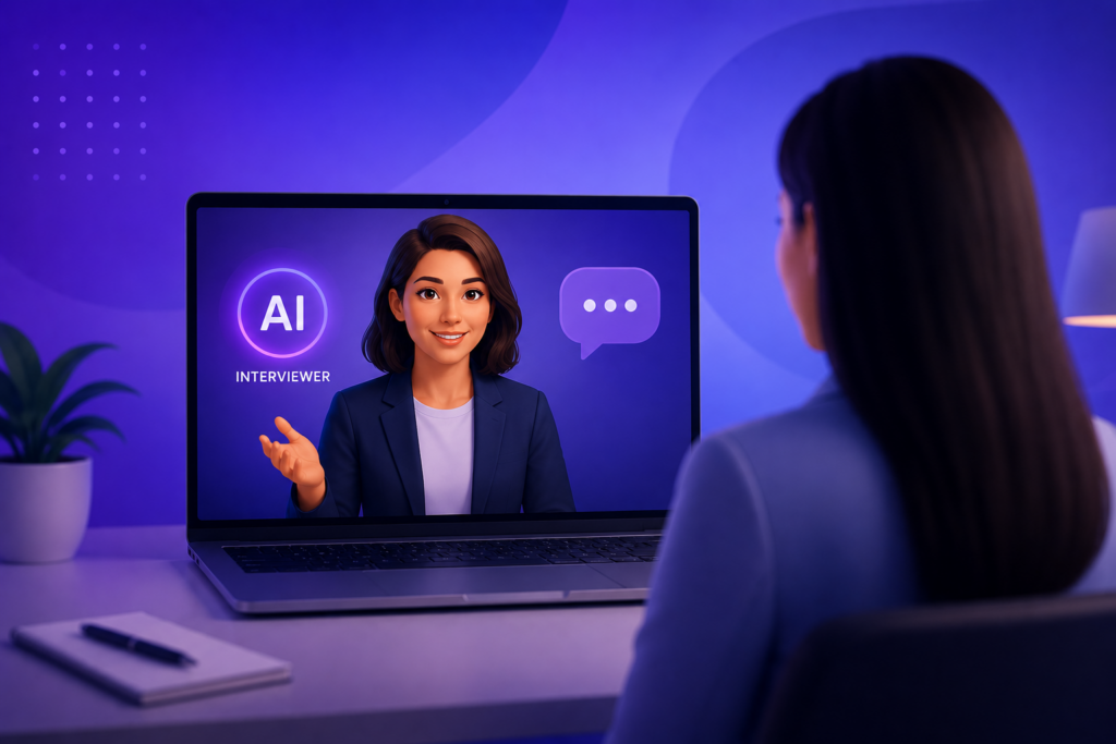 A candidate attending a virtual interview with an AI-powered interviewer displayed on a laptop screen in a modern workspace.