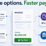 Illustration showing multiple invoice payment methods including credit card, ACH transfer, digital wallets, and bank transfer for faster business payments.