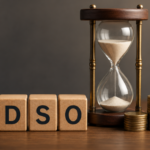 Wooden DSO blocks beside an hourglass and stacked coins representing accounts receivable KPIs and cash flow management.