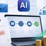Illustration of AI-driven invoice collection software showing unpaid invoice reminders, automated email workflows, analytics charts, and revenue growth.