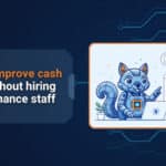Robot squirrel analyzing financial dashboard with charts and automation icons to improve cash flow efficiency