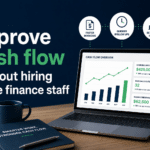 Robot squirrel analyzing financial dashboard with charts and automation icons to improve cash flow efficiency